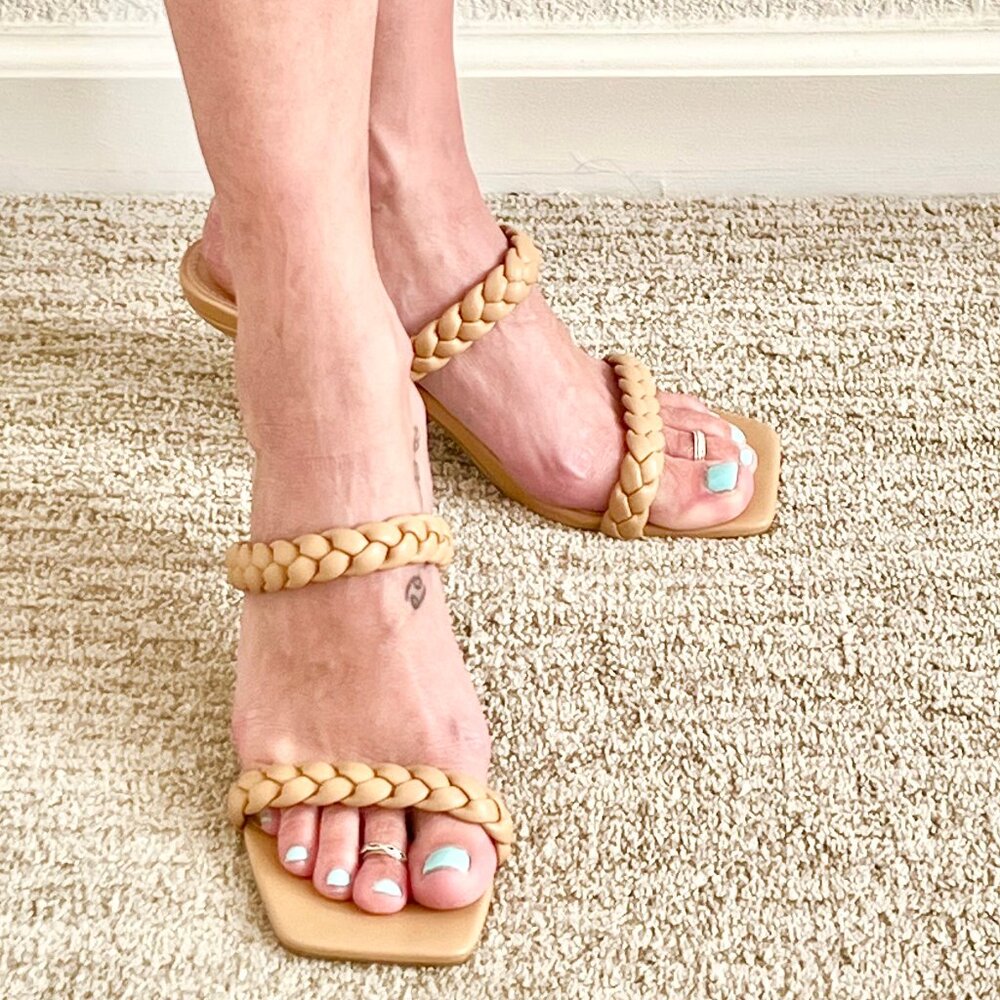 Women's 8.5 Nude Tan Beige Vegan Leather Braided Strappy Square Toe Sandal Heels - Picture 2 of 8